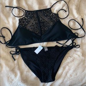 Aerie Black High Neck, Lace, String Bikini